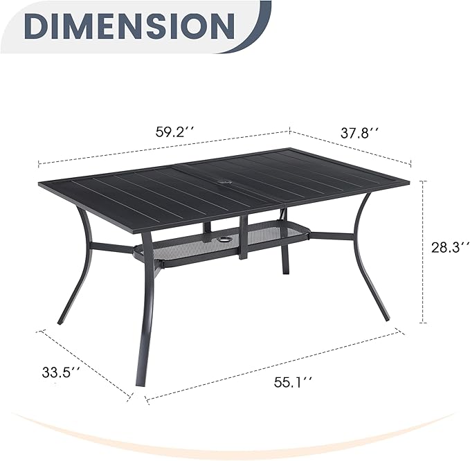 VICLLAX Rectangle Patio Dining Table for 6 Person, Outdoor Metal Steel Slat Table with Umbrella Hole for Patio, Lawn, Garden, Porch, Black