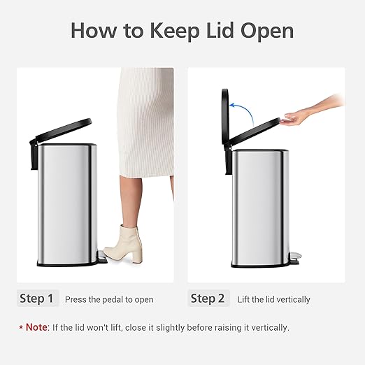 Garvee Stainless Steel Trash Can, 50 L/13 gal Hands Free Garbage Can with Soft Close Lid and Foot Pedal, Metal Kitchen Waste Bin with Inner Bucket for Living Room, Office, D Shape, Silver