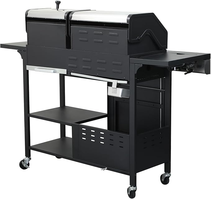 Gas and Charcoal Combo Grill, 37230 BTU 2-in-1 Outdoor BBQ, Dual Zone Cooking with Thermometer, Locking Wheels & Foldable Side Table for Patio and Garden Use(3+1 Burner + Charcoal grill)
