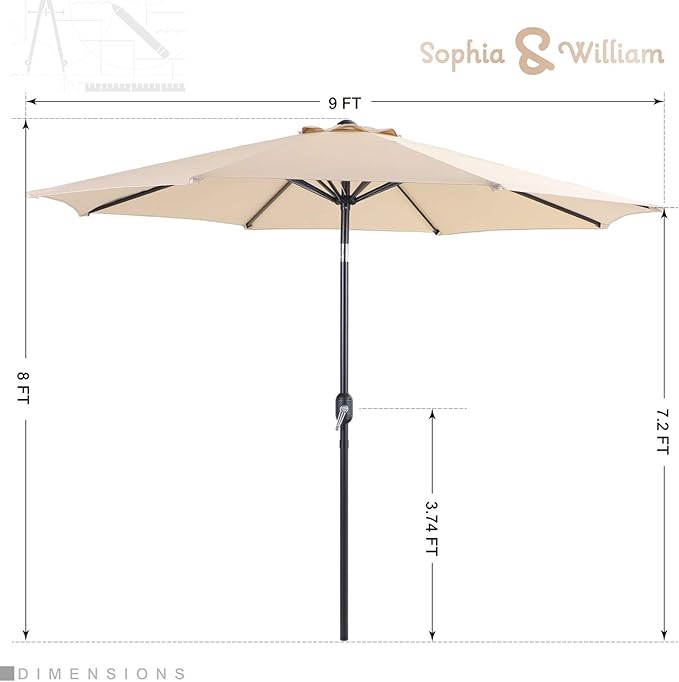 Sophia & William 5 Pieces Patio Dining Set with 9 ft Beige Patio Umbrella, Outdoor PE Rattan Chairs and Square Metal Table Set with Cushions and 1.57" Umbrella Hole for Poolside Porch Backyard
