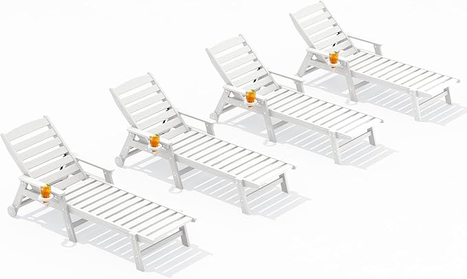 SERWALL Patio Chaise Lounge Chair Set of 4, 5 Positions Adjustable Poly Outdoor Lounger for Pool, HDPE Lounge Chair with Rolling Wheels & Cup Holder for Poolside, Deck, White