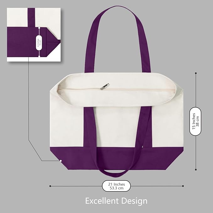 TOPDesign 3-Pack Canvas Tote Bags with an External Pocket, Reusable Grocery Shopping Bags, Top Zipper Closure, Daily Essentials (Purple/Natural)