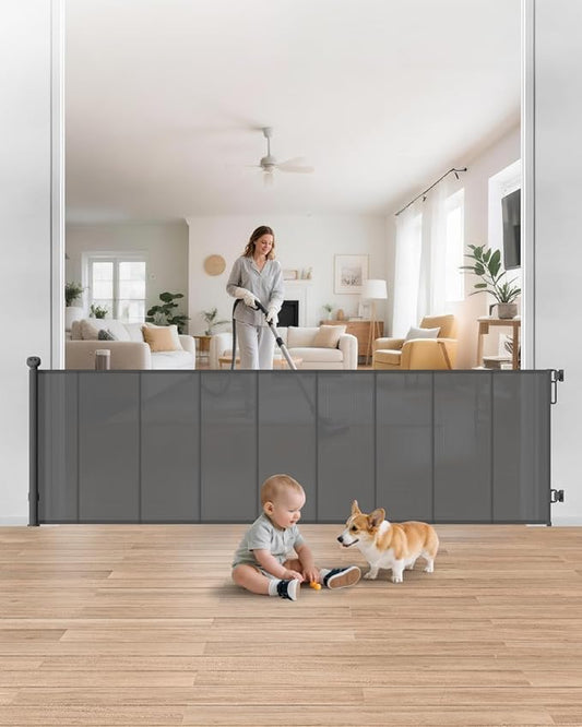 Reinforced Retractable Baby Gate, 100" Wide Child Safety Gate with 8 Support Rods, 34" Tall Scratch-Resistant Mesh Dog Gate for Staircase, Garage, Garden, Outdoor, Gray