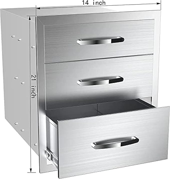 Stainless Steel Outdoor Kitchen Drawers - 3-Drawer BBQ Drawer, Built-in, Flush Mount - 14Wx23Dx21H