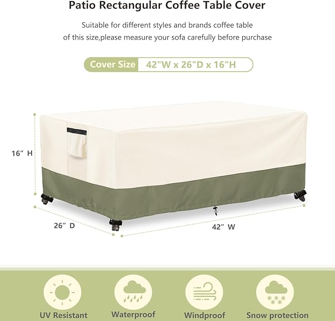 Outdoor Coffee Table Cover 42 W x 26 D x 16 H Inches,600D Heavy Duty Waterproof Outdoor Table Cover,Patio Rectangle Table Covers,Beige