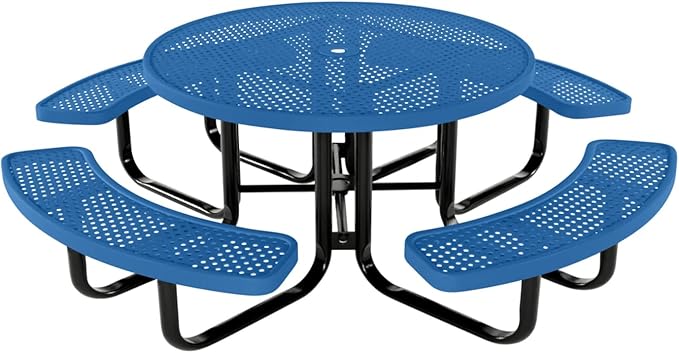 COATEDOUTDOORFURNITURE Heavy-Duty Portable Outdoor Kids Table with Umbrella Hole, Punched Steel Kids Picnic Table, Commercial-Grade, Made in America (46 in, Round, Childrens, Textured Light Blue)