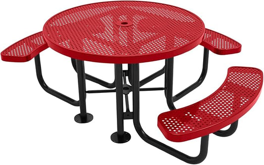 COATEDOUTDOORFURNITURE Heavy-Duty Portable Outdoor Picnic Table with Umbrella Hole, Punched Steel Patio Dining Furniture Made in America (46" Round Top, Textured Red)