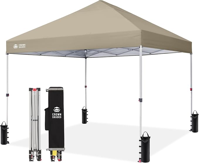 CROWN SHADES 8x8 Pop Up Canopy - Beach Tent with One Push Setup - Easy Outdoor Sun Shade for Events, Parties, Camping - Gazebo with STO-N-Go Cover Bag, Silver Coated Top, Beige