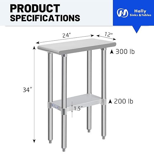 Hally Stainless Steel Table for Prep & Work 24 x 12 Inches, NSF Commercial Heavy Duty Table with Undershelf and Galvanized Legs for Restaurant, Home and Hotel