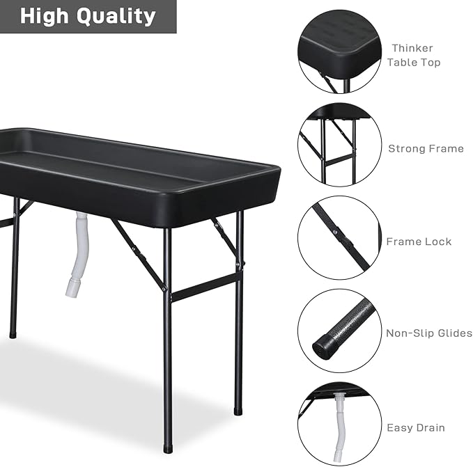 VINGLI 4 Foot Folding Party Ice Cooler, Portable Tailgate Camp Fishing Cleaning Table, Plastic with Matching Skirt, Ice Table for Party, BBQ, Camping, Picnic (Black)
