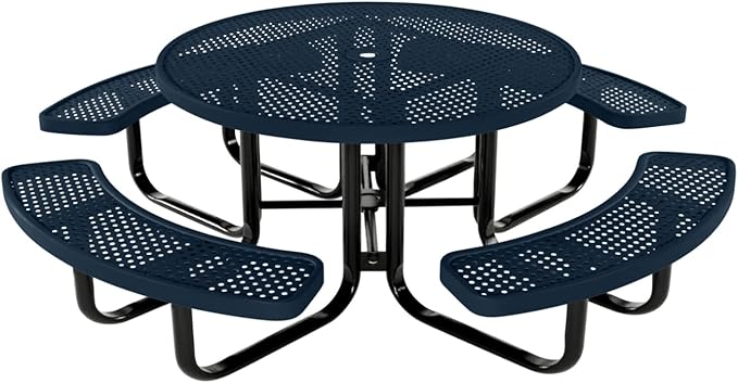 COATEDOUTDOORFURNITURE Heavy-Duty Portable Outdoor Kids Table with Umbrella Hole, Punched Steel Kids Picnic Table, Commercial-Grade, Made in America (46 in, Round, Childrens, Dark Blue)