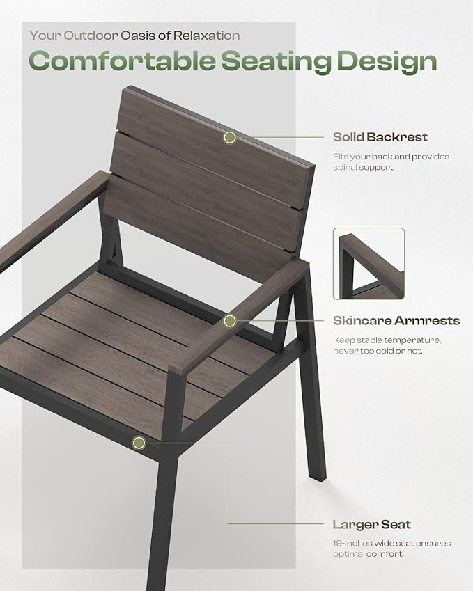 Outdoor Patio Dining Chairs Set of 2, 350LBS Capacity Aluminum Patio Dining Chairs with Armrests, Weather-Resistant for Lawn, Garden, Yard, Poolside and Indoor Use (Gray & Teak)