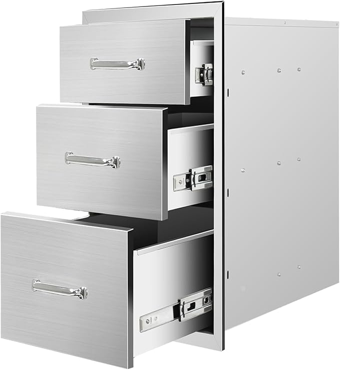 Outdoor Kitchen Drawers 20"Wx27"Hx23"D Flush Mount Access 3-Drawer BBQ Stainless Steel Drawers with Handle for Outdoor Kitchen Island or Grill Station