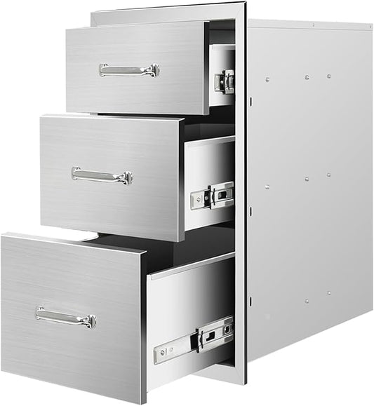 Outdoor Kitchen Drawers 20"Wx27"Hx23"D Flush Mount Access 3-Drawer BBQ Stainless Steel Drawers with Handle for Outdoor Kitchen Island or Grill Station
