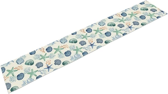 Nautical Table Runner, Summer Sea Coastal Starfish Seashells Coral Tropical Ocean Beach Blue Farmhouse Coffee Table Center Decor for Home Kitchen Dining Patio Indoor Outdoor Table Decorations, 13"x36"