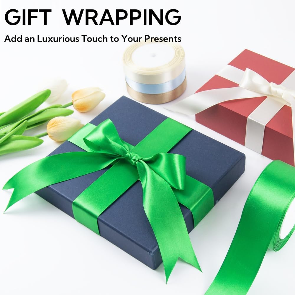 1 Inch 25 Yards Satin Ribbon Green, Solid Color Fabric Ribbon for Gift Wrapping, Wedding, Polyester Gift Ribbon for Birthday Party Decoration, Craft, Hair, Floral, Sewing