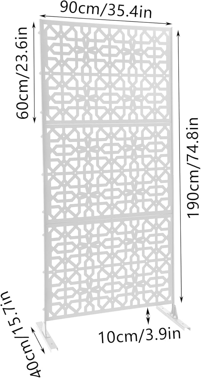 75" H×35" W Decorative Outdoor Privacy Screen with Stand, Outdoor Decor Privacy Fence Screen Metal Fence Panels, Free Standing Metal Divider for Patio Lawn Deck (White-Knot)