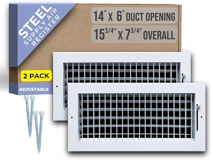 [2 Pack] Fits 14x6 Duct Opening Steel Adjustable Air Supply Grille by Handua | Register Vent Cover Grill for Sidewall and Ceiling | White | Outer Size: 15.75" X 7.75"