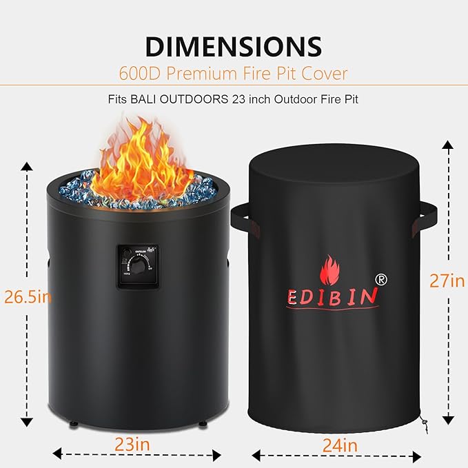 Fire Pit Cover for Bali Outdoors 23 Inch Cylinder Firepit,24" D X 27" H Waterproof Cover Compatible with Bali Outdoors 23 inch Outdoor Fire Pit Round