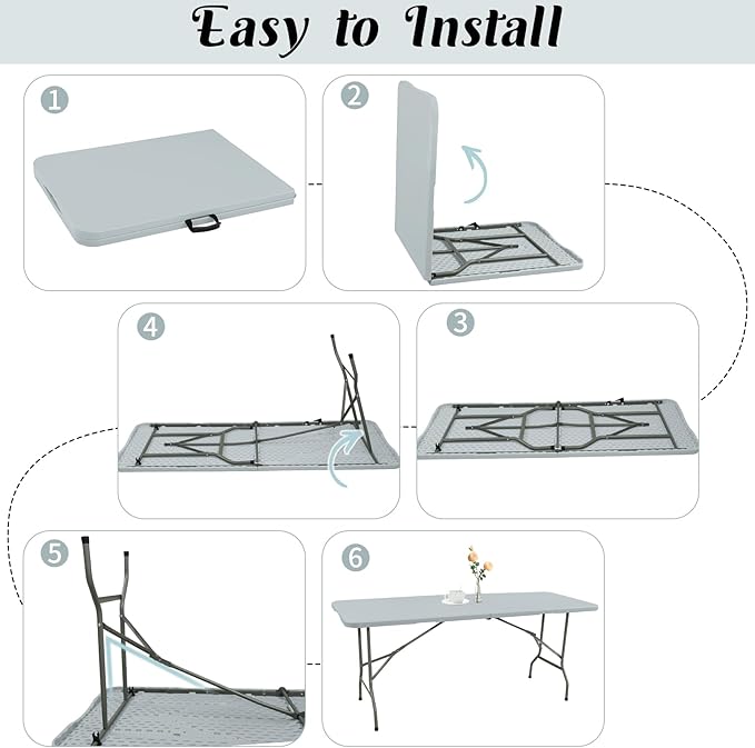 Fivenl 2 Pack 6 FT Folding Tables Grey Foldable Table, Fold-in-Half with Carrying Handle Portable Plastic Rectangular Table for Party, Dining, Wedding, Camping, Picnic, Indoor Outdoor Events
