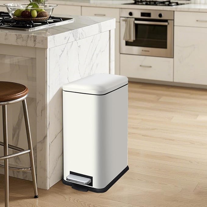 8 Gallon Trash Can with Lid, Stainless Steel Trash Can with Removal Inner Bucket, Soft Close & Stay Open, Step Trash Bin for Kitchen, Office, Laundry, Bathroom, 30 Liter Capacity, White
