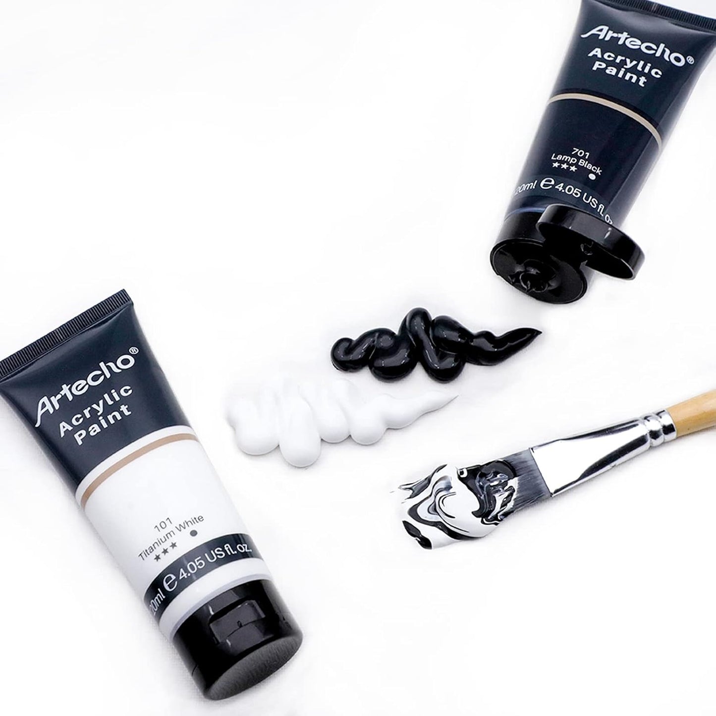 Artecho Professional Acrylic Paint, White and Black (120ml / 4.05oz) Tubes, Art Craft Paints for Canvas, Rock, Stone, Wood, Fabric, Art Supplies