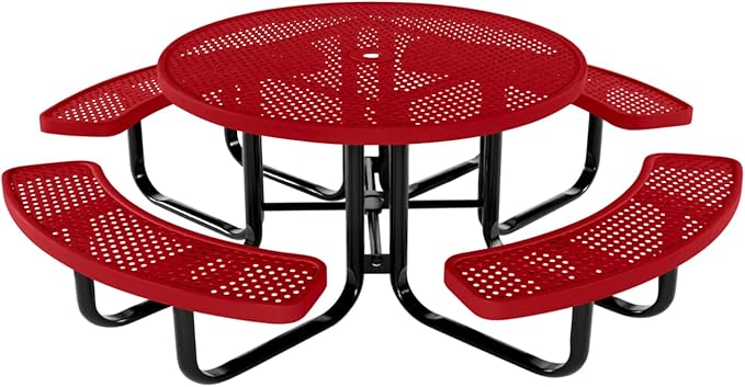 COATEDOUTDOORFURNITURE Heavy-Duty Portable Outdoor Kids Table with Umbrella Hole, Punched Steel Kids Picnic Table, Commercial-Grade, Made in America (46 in, Round, Childrens, Textured Red)