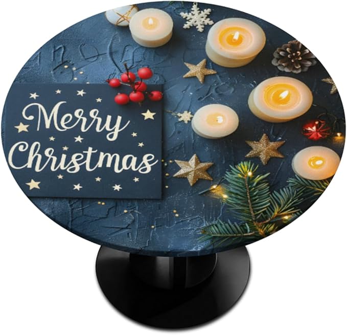 Merry Christmas Candle Star Round Table Cloth Cover, Elastic Edge Waterproof Wipeable Tablecloths 45"-56" Polyester Tablecloth for Party Restaurant Banquet Holiday Camping Outdoor Picnic