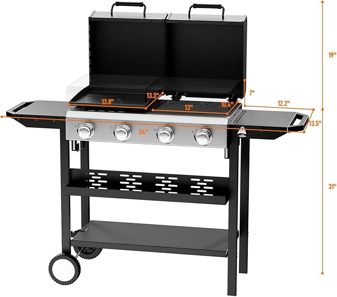 Bonnlo 2 in 1 Propane Flat Top Grill and Griddle Combo with Lid, Powerful 40,000 BTU Grills with Side Shelves & Integrated Ignition, 4 Burners Grill with Movable Wheels for Outdoor BBQ Camping Use