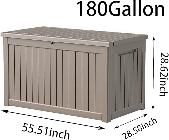 Waterproof Outdoor Resin Deck Box with Lockable Lid, Easy Assembly Features and Convenient Handles For Cushion, Pillows and other Patio Furniture (180 Gallon Grey)