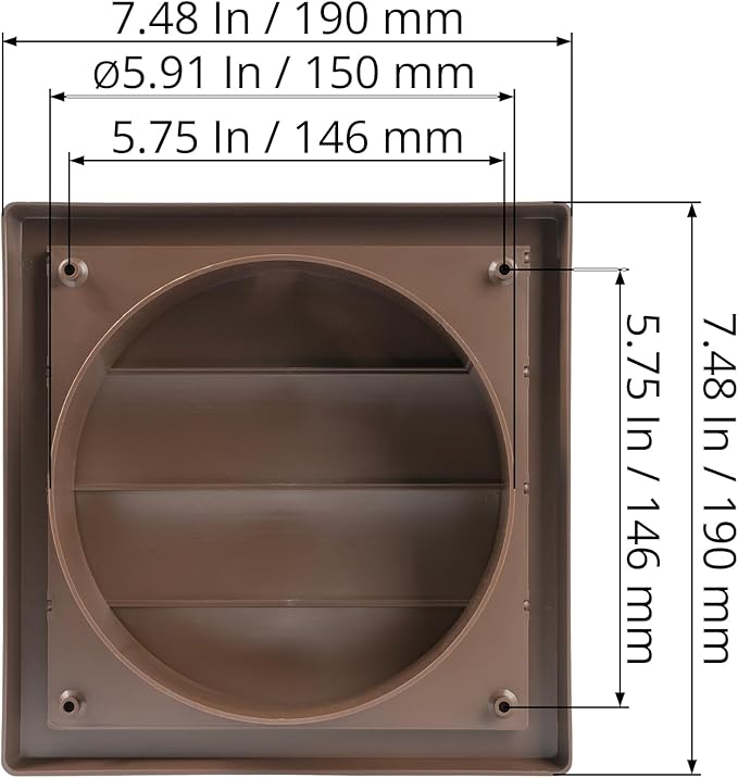 Plastic 6" Black Dryer Vent Cover with Flange - Exhaust Ventilation Grille with Shutters - Louvered Air Vent for Bathroom, Kitchen, Garage various Ventilation Systems Ø5.9" / 7.5" x 7.5"