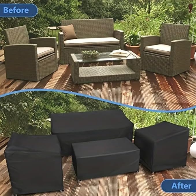 4-Piece Outdoor Furniture Covers, 420D Waterproof Windproof Set for Patio Chairs, Sofa & Table, with Drawstring, Black Oxford Fabric(Black 420D)
