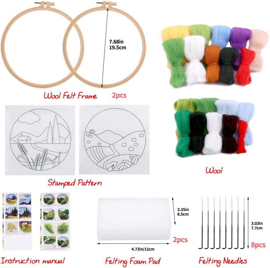 Needle Felting Kits Beginners, DIY Wool Needle Felting Starter Kit, Needle Felt Set with Picture Frame, Foam Pad, Felt Cloth and Instructions, Used for Home Decoration, Beginner, Art Craft(2 Sets)
