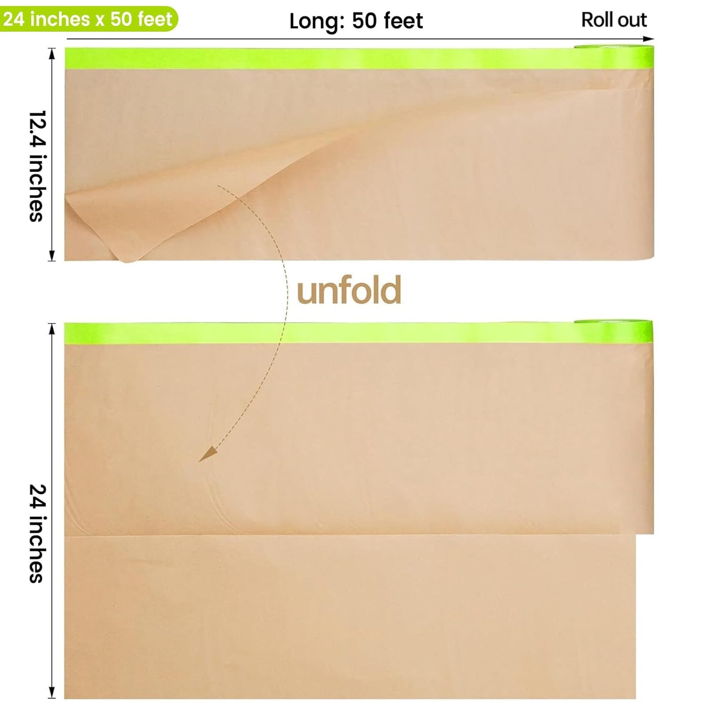 ADHES Pre-Taped Masking Paper for Painting, 3 Rolls 24 Inch x 50 Feet Tape and Drape Painters Paper Roll with Masking Tape, Automotive Paint Masking Paper for Cars, Walls, Floors, Furniture Protection