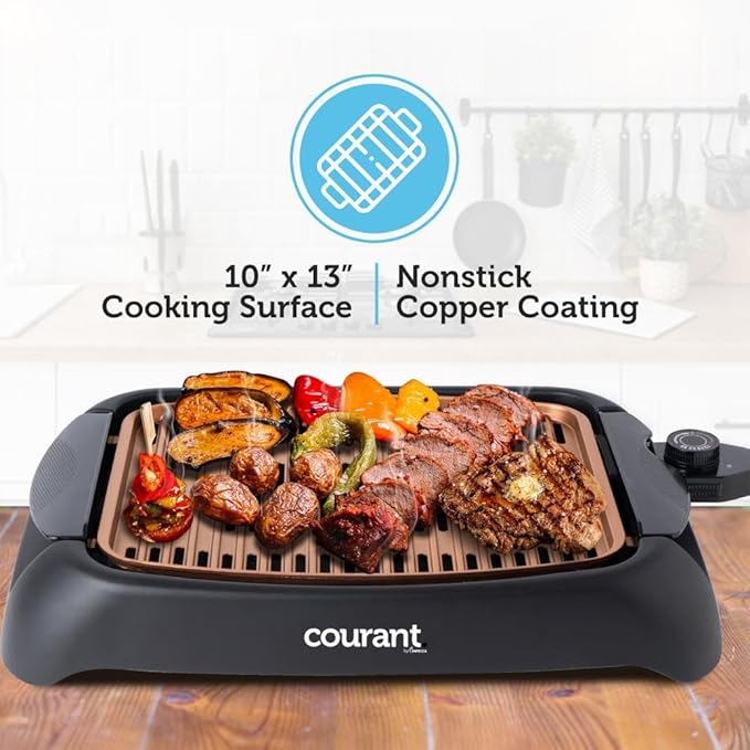 Courant smokeless indoor Electric grill, Copper Non-stick Coating Extra Large and Adjustable Temperature Control, Grill BBQ, Table Top Indoor Grill