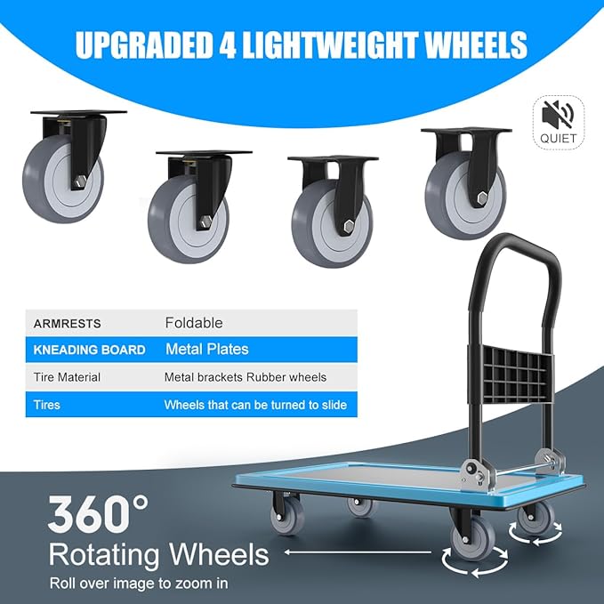 WUD Push Cart, Folding Mobile Platform Trolley,Thickened and Reinforced, 360° Swivel Wheels,30.3 “L x 19.7 ”W, 900 lb.Blue Dolly cart with Wheels