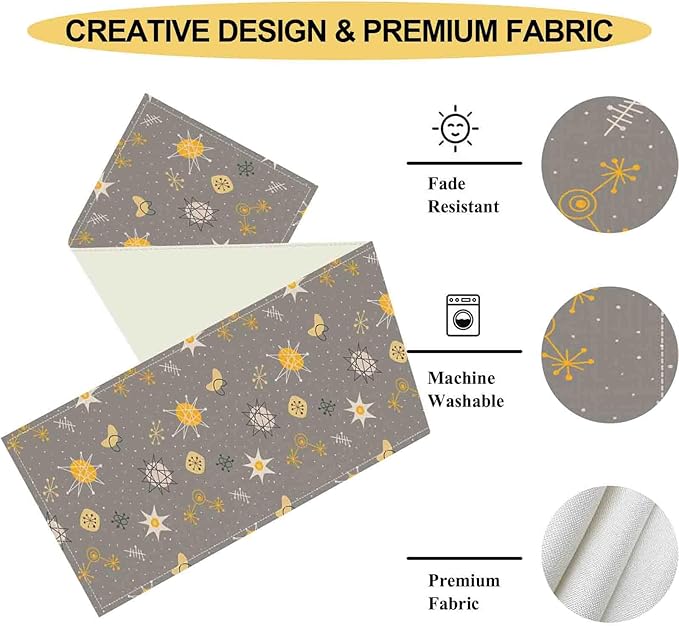 Mid Century Modern Table Runner, Retro 1950s 1960s Atomic Abstract Gray Cute Coffee Table Center Decor for Home Kitchen Dining Patio Holiday Party Indoor Outdoor Table Decorations, 13"x90" Inch