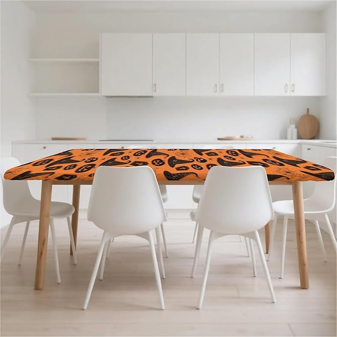 Rectangle Table Cloth Cover Waterproof Elastic Fitted Polyester Fitted Tablecloths for 4 Foot Tables for Indoor,Picnic, Camping, Outdoor （48" x 30"，Halloween Tablecloth）