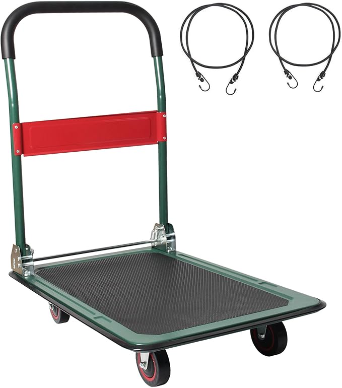 LEADALLWAY Foldable Push Cart Platform Cart (Green 330lbs with 2 Ropes, 28.7x18.5x32.3inches)
