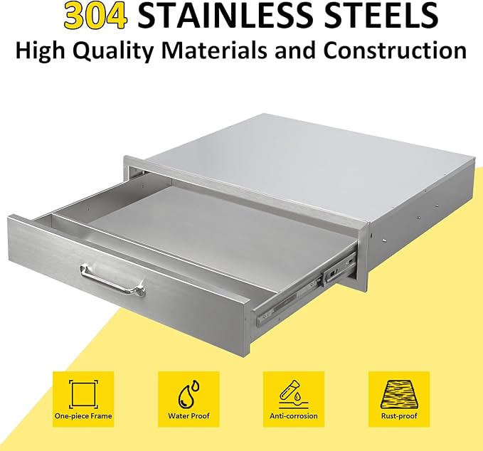 Outdoor Kitchen Drawers 30" W x 6.5" H x 23" D Flush Mount BBQ Single Drawers with Divider,Built-in Stainless Steel Drawer with Chrome Handle for Outdoor Kitchen Island Patio Grill Station