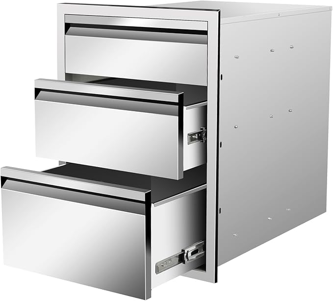 Outdoor Kitchen Drawers 18" W x 24" H x 23" D Stainless Steel Triple Drawers with Hidden Handle for BBQ Island, Patio Grill Station & Outdoor Kitchen Cabinets