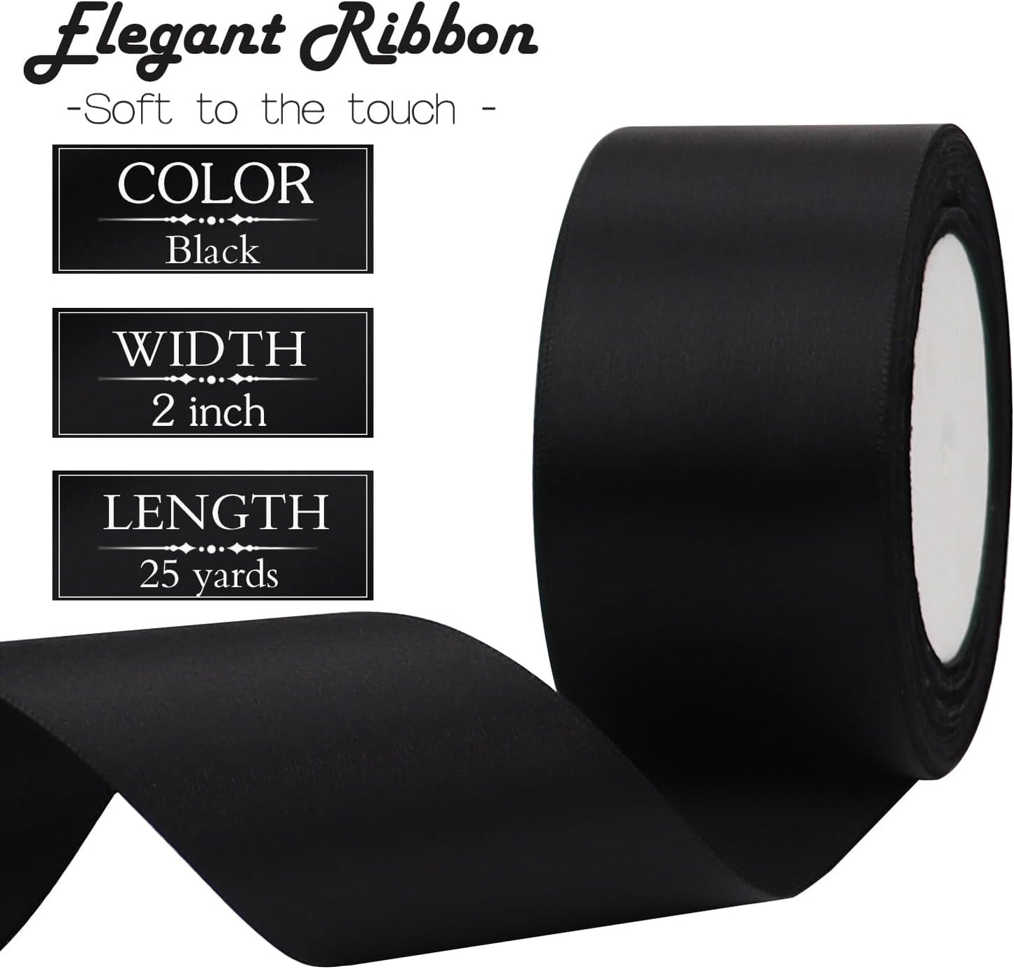 Black Solid Satin Ribbon 2 Inch 25 Yards Solid Polyester Fabric Ribbon for Gift Wrapping Wedding Christmas Baby Shower Birthday Party Decoration Handmade Immortal Flower Craft