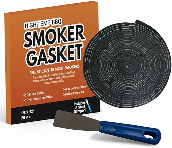 Smoker Gasket Seal - 1/2" x 1/8" x 20 Ft Self-Adhesive High Temp Black Felt for BBQ Grill Pit & Fire Door