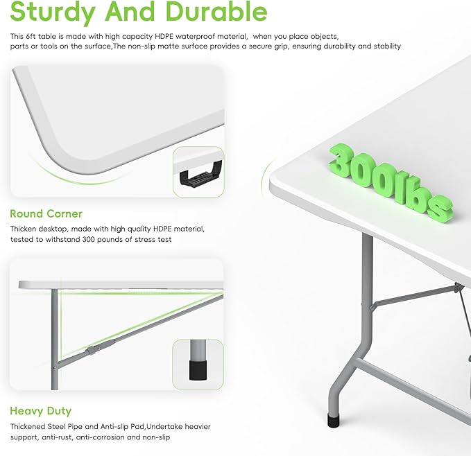 HLPB Folding Table 6ft, Foldable Portable Heavy Duty Plastic Fold-in-Half Utility Table with Handle & Safety Locks, Picnic Table Indoor Outdoor for Camping, Picnic and Party