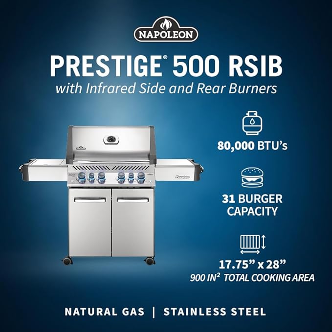 Napoleon P500RSIBNSS-3 Prestige 500 RSIB Natural Gas Grill, sq. in + Infrared Side and Rear Burner, Stainless Steel