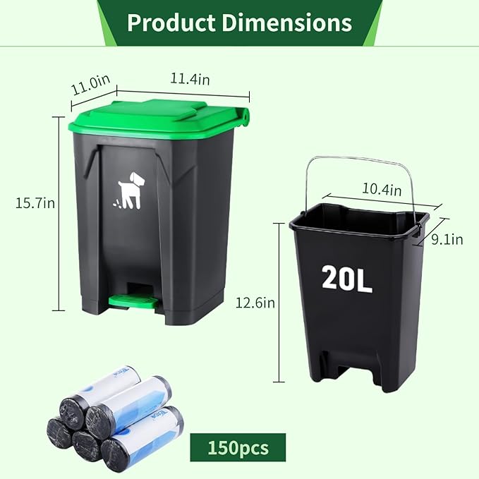 Dog Poop Trash Can Outside, 20L Pet Waste Container with Removable Inner Waste Bin, 150 Waste Bags, Outdoor Pet Poop Trash Bin for Small/Large Dog Families