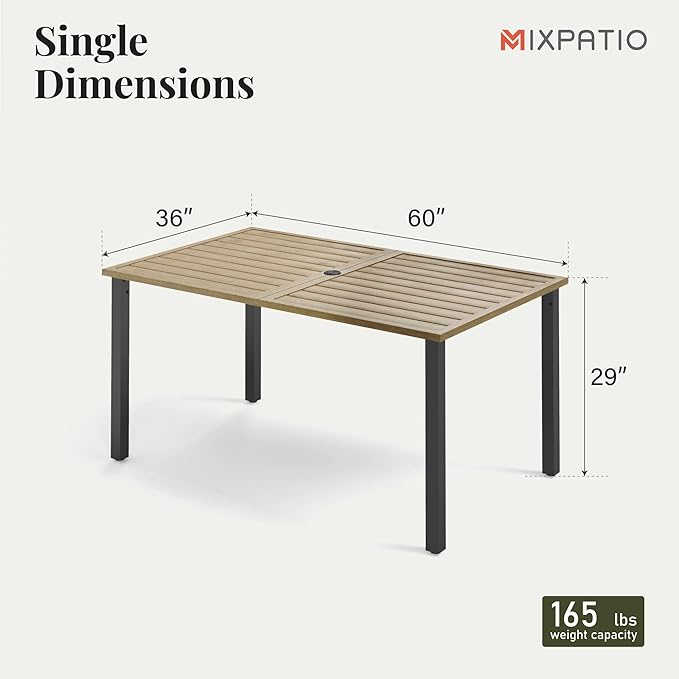 Outdoor Patio Dining Table for 6, 60" x 36" Rectangular Metal Patio Dining Table with Umbrella Hole and Wood-Like Tabletop, All Weather Wrought Iron Outdoor Table for Backyard and Porch