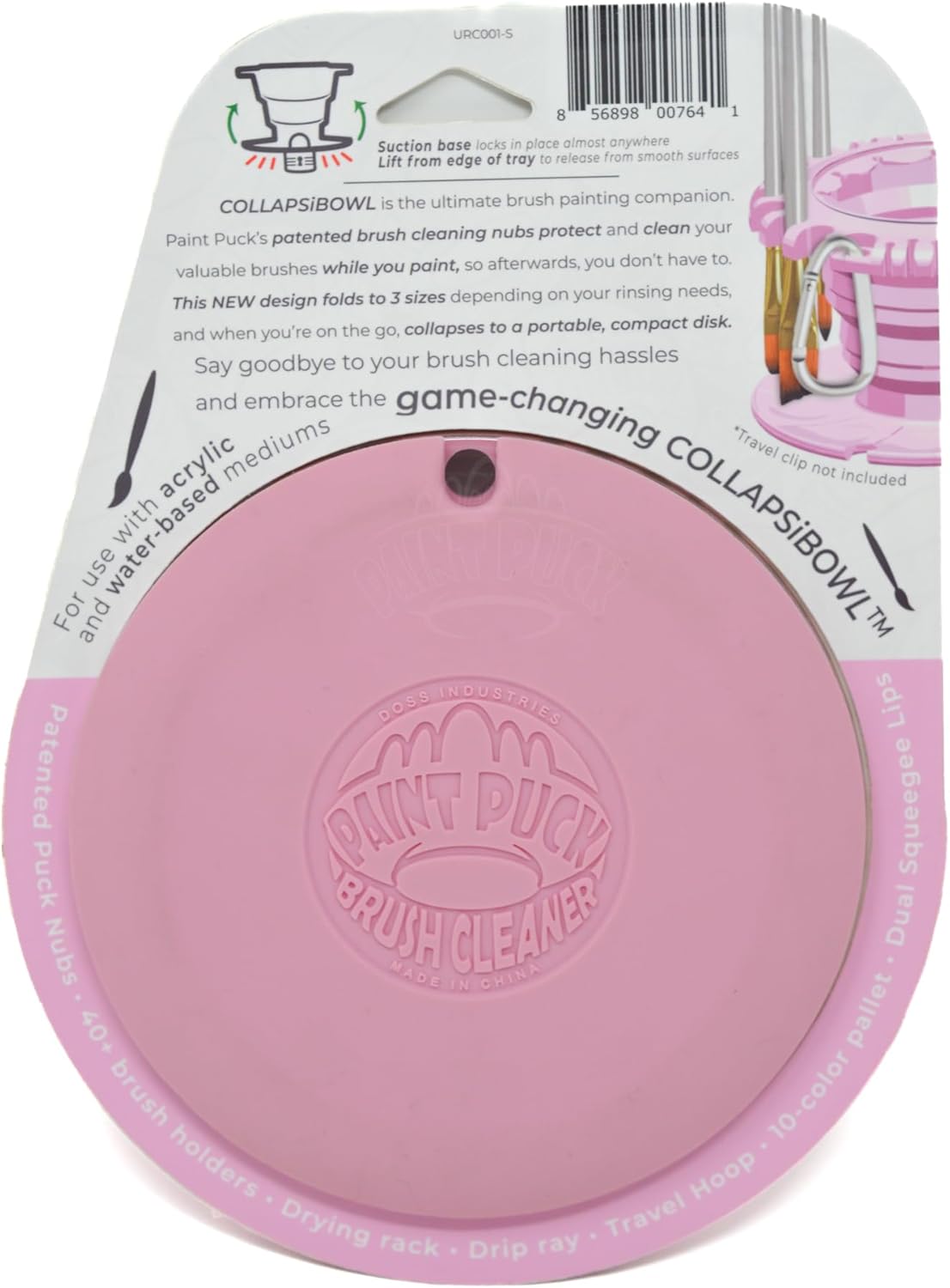 Paint Puck CollapsiBowl Paint Brush Cleaner Rinse Cup (Pink) – Collapsible Paint Water Cup & Brush Cleaner with Brush Holder, Squeegee Lips & Drip Tray for Acrylic, Watercolor & Art Supplies