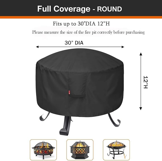 SheeChung Round Gas Fire Pit Cover-Fits 27”-30“ Solo Stove Yukon,Waterproof 600D Heavy Duty Outdoor Fire Bowl Cover,Weather Resistant Smokeless Fire Pit Cover for Backyard Porch Deck Camping-30"Dx12"H