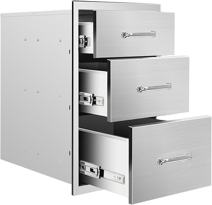 Outdoor Kitchen Drawers 14" W x 21" H x 23" D Flush Mount Triple BBQ Drawers with Chrome Handle Stainless Steel Drawer for Outdoor Kitchen Island, Patio Grill Station